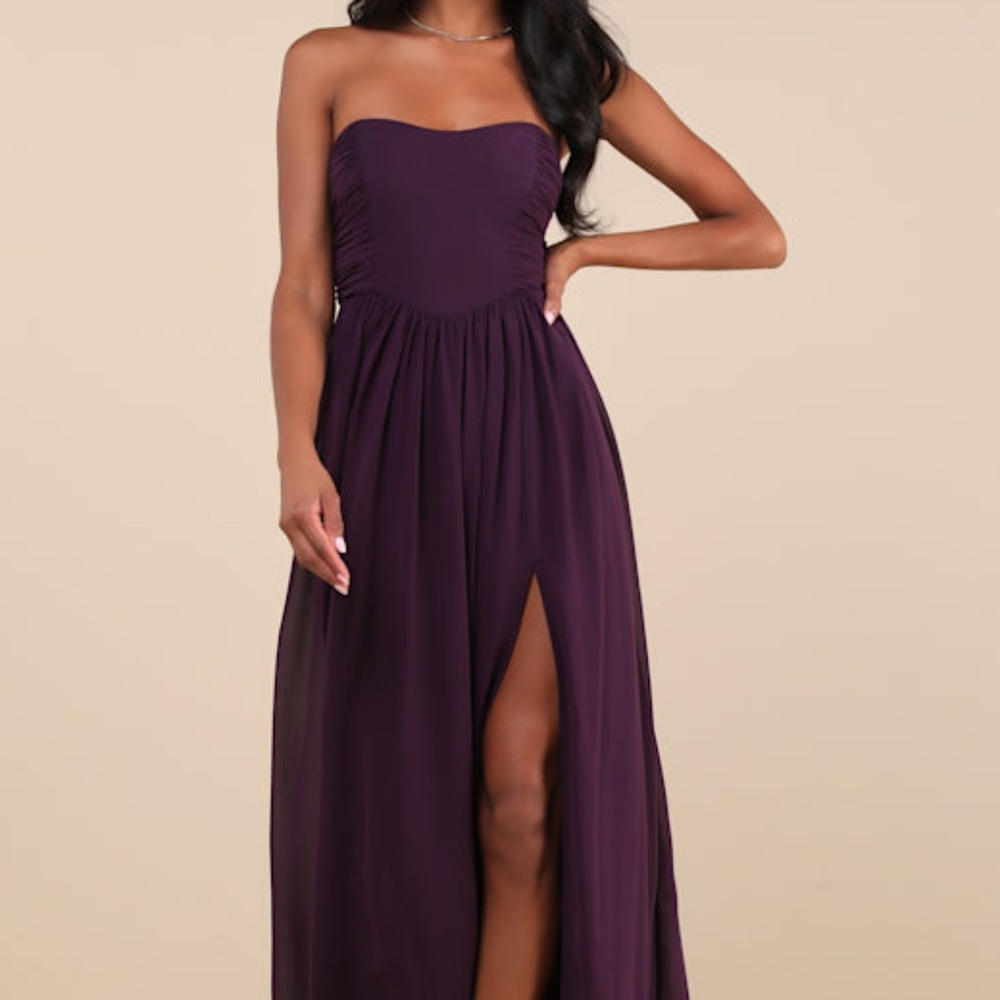 Lulus Luxe Favorite Dark Purple Strapless Ruched Maxi Dress - Size L